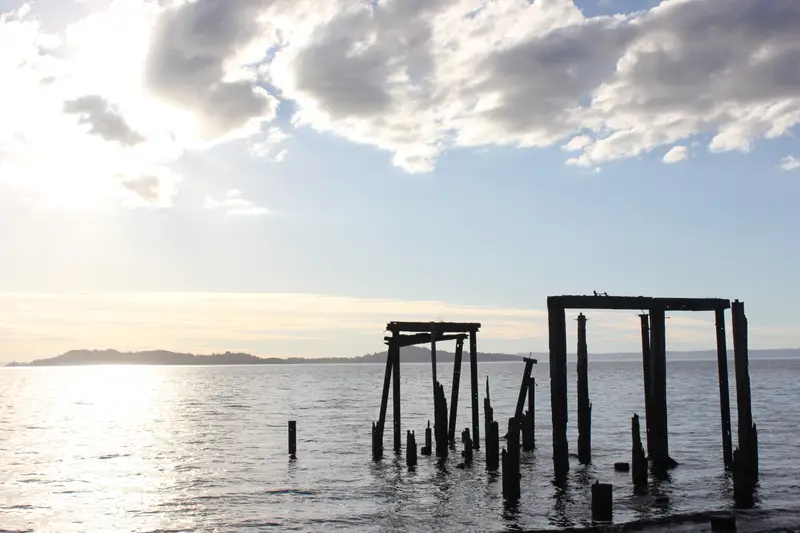 Pilotes de un muelle antiguo entrando al lago con el sol detrás